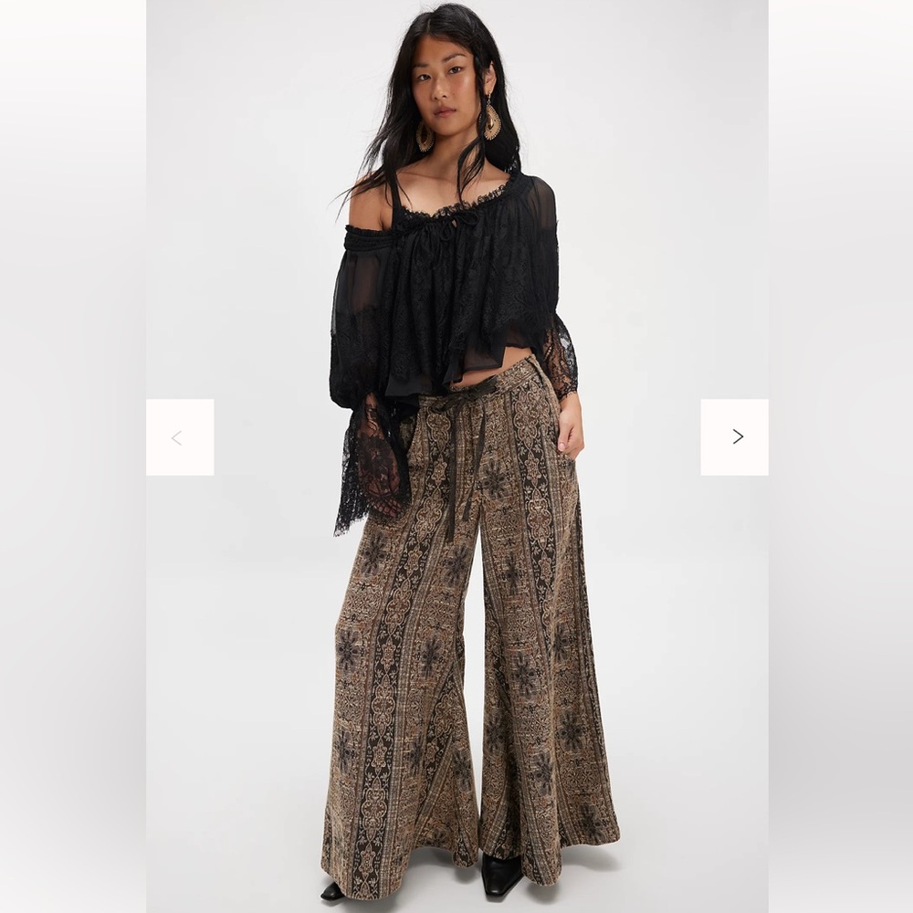 Free People Dahlia Jacquard Bohemian Tapestry Wide Leg
Flare Belted Pants